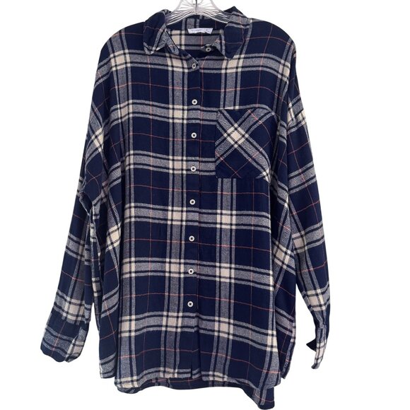 Primark Womens Navy Blue Plaid Button Front Pocket Collared Long Sleeve Size L - Picture 1 of 9